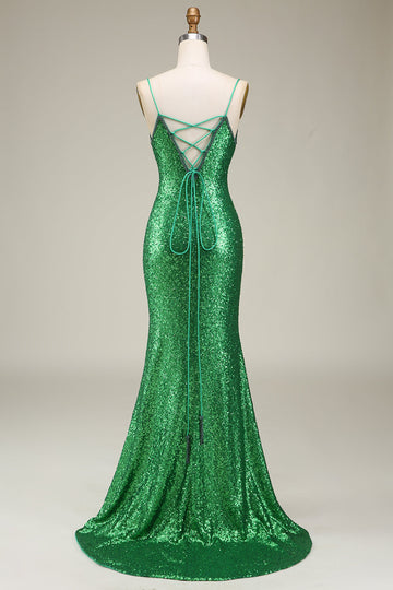 Sparkly Mermaid Spaghetti Stropper Grønne paljetter Lang ballkjole med delt front